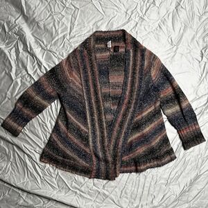BKE Womens Cardigan Sweater Open front Multicolored Stripes Cable Knit Boho Med